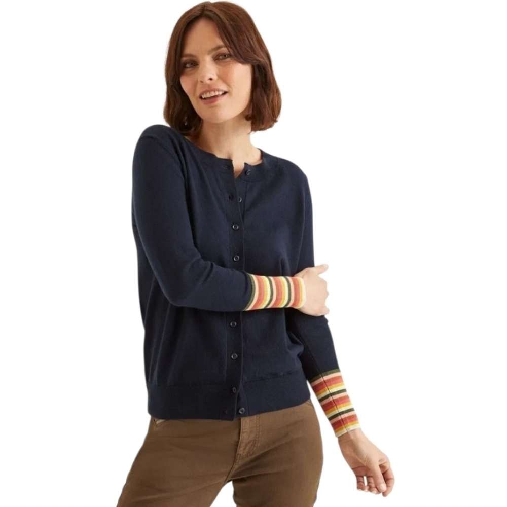 Boden Navy Cardigan with Striped Multicolor Cuffs